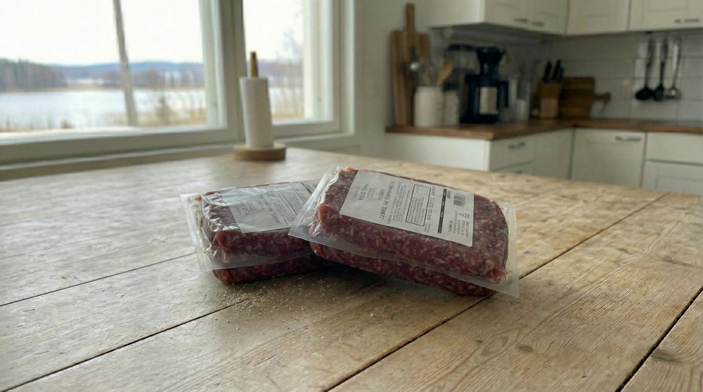 Naudan jauhelihaa tuplasti pöydällä